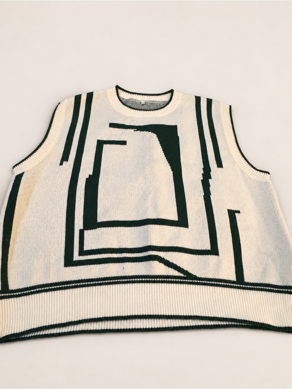 Cream Geometric Knit Sweater Vest - unisex